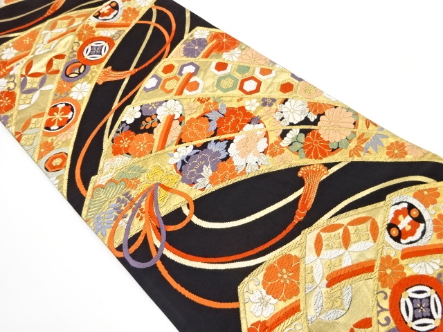 桧扇に花丸文・古典柄織り出し　袋帯